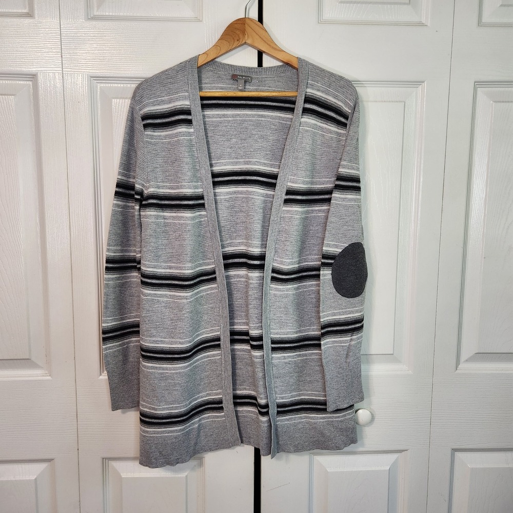 Talbots Grey Striped Open Front Cardigan Sweater Elbow Patches Medium Office